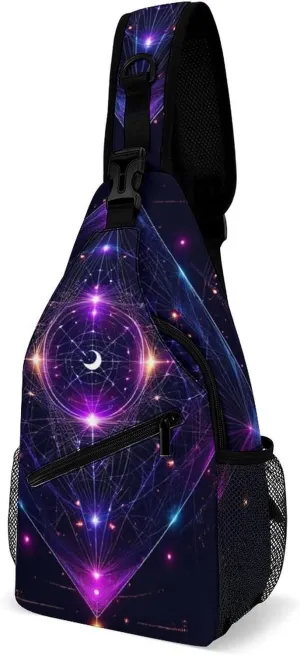 Men & Women Sling Shoulder Backpack Sacred Geometry Symbols Sun Moon Trippy Purple Outdoor Sport Daypack Travel Bag - Multipurpose Anti-Theft Tote Bags, Durable Crossbody Shoulder Bag