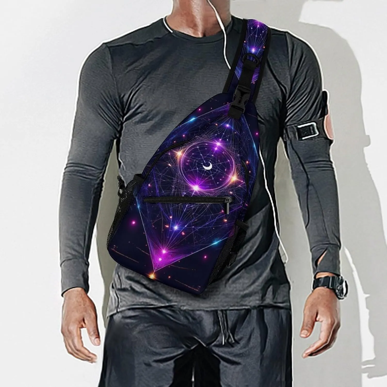 Men & Women Sling Shoulder Backpack Sacred Geometry Symbols Sun Moon Trippy Purple Outdoor Sport Daypack Travel Bag - Multipurpose Anti-Theft Tote Bags, Durable Crossbody Shoulder Bag