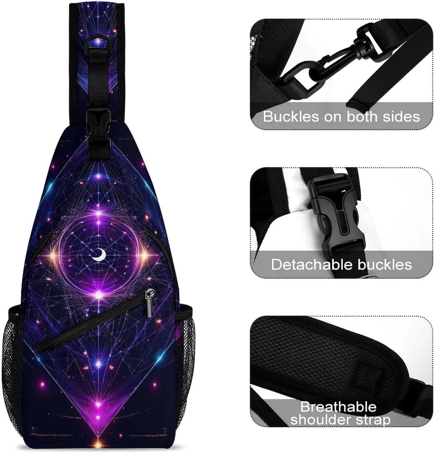 Men & Women Sling Shoulder Backpack Sacred Geometry Symbols Sun Moon Trippy Purple Outdoor Sport Daypack Travel Bag - Multipurpose Anti-Theft Tote Bags, Durable Crossbody Shoulder Bag