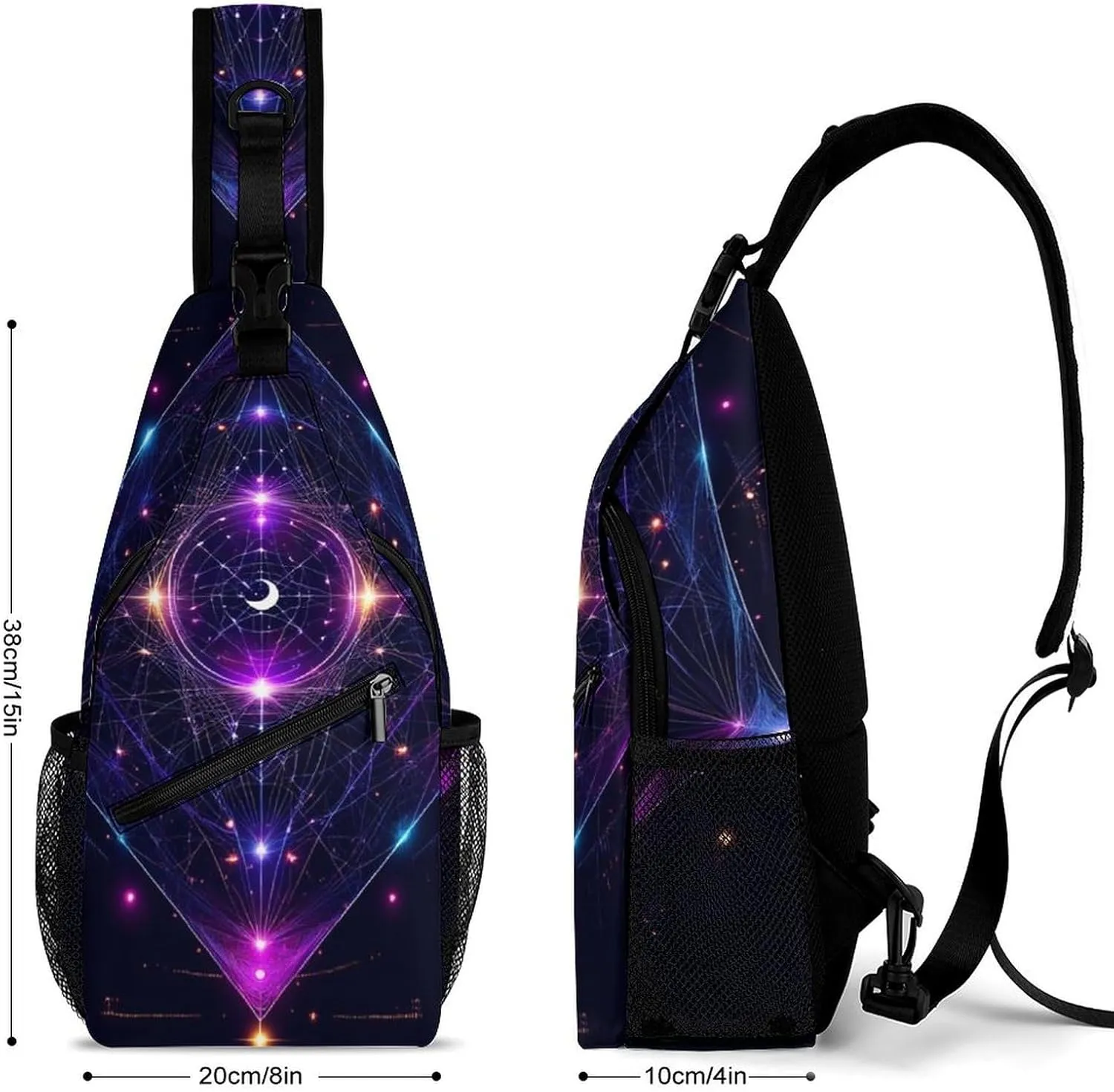 Men & Women Sling Shoulder Backpack Sacred Geometry Symbols Sun Moon Trippy Purple Outdoor Sport Daypack Travel Bag - Multipurpose Anti-Theft Tote Bags, Durable Crossbody Shoulder Bag