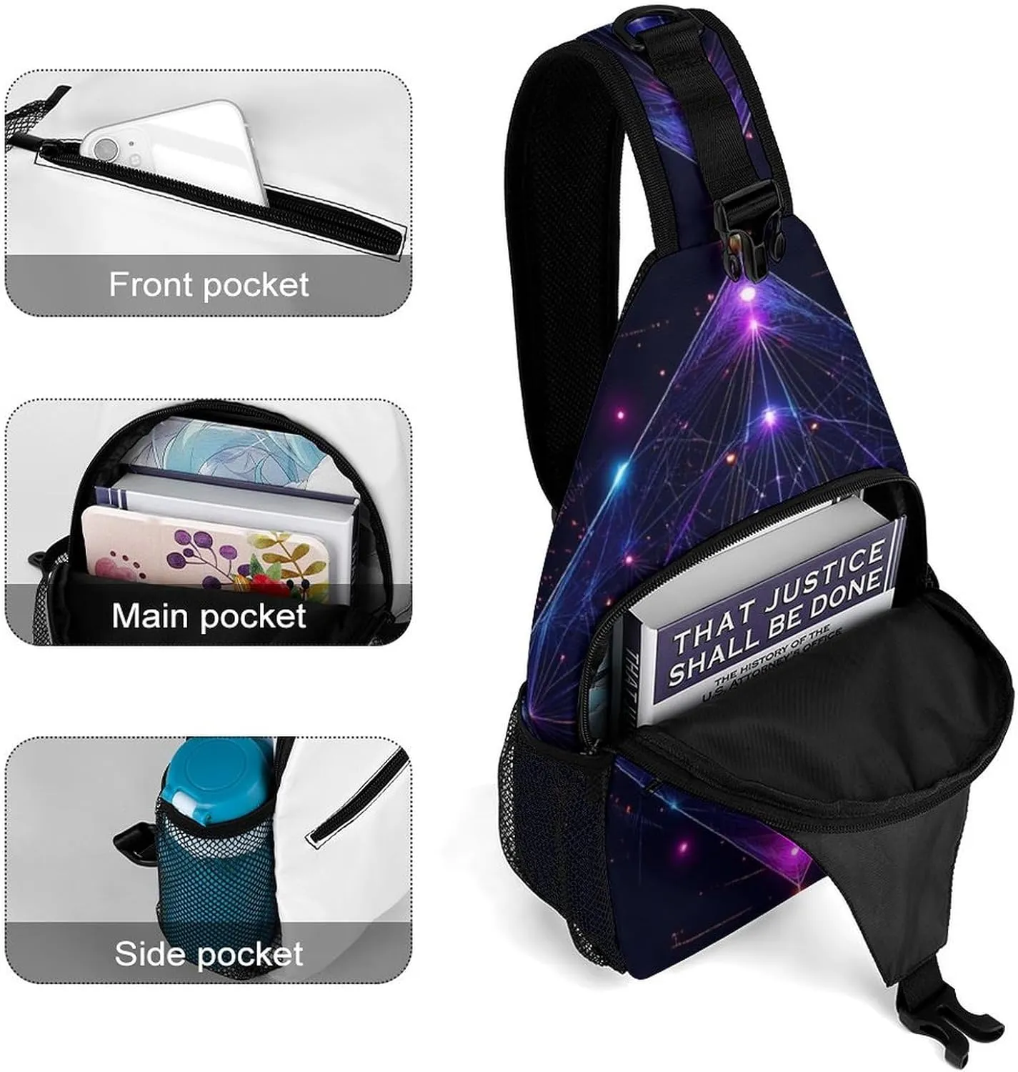 Men & Women Sling Shoulder Backpack Sacred Geometry Symbols Sun Moon Trippy Purple Outdoor Sport Daypack Travel Bag - Multipurpose Anti-Theft Tote Bags, Durable Crossbody Shoulder Bag