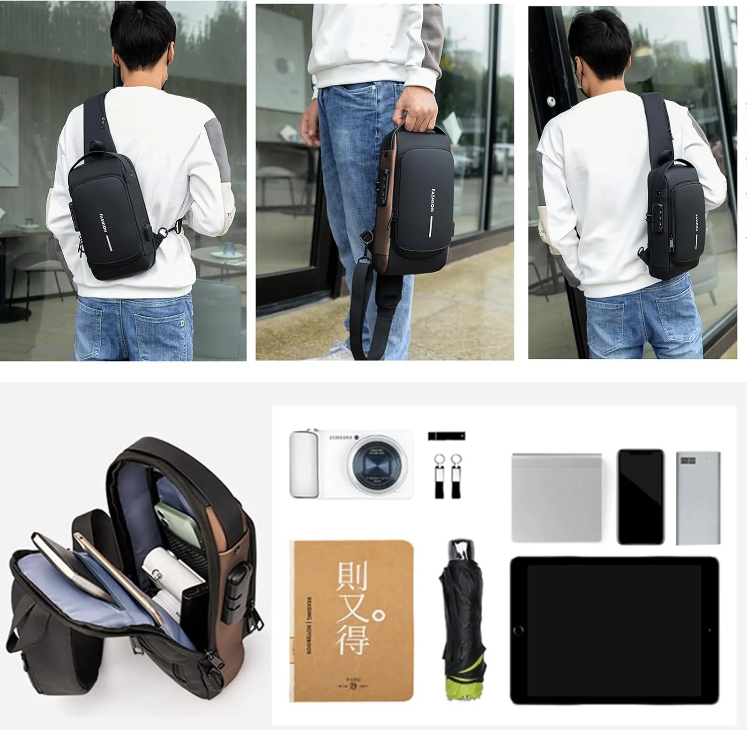 Men Crossbody Sling Bag Multipurpose Daypack with USB Lightweight Casual Shoulder Chest Bag Backpack For Hiking Travel Gray Gold