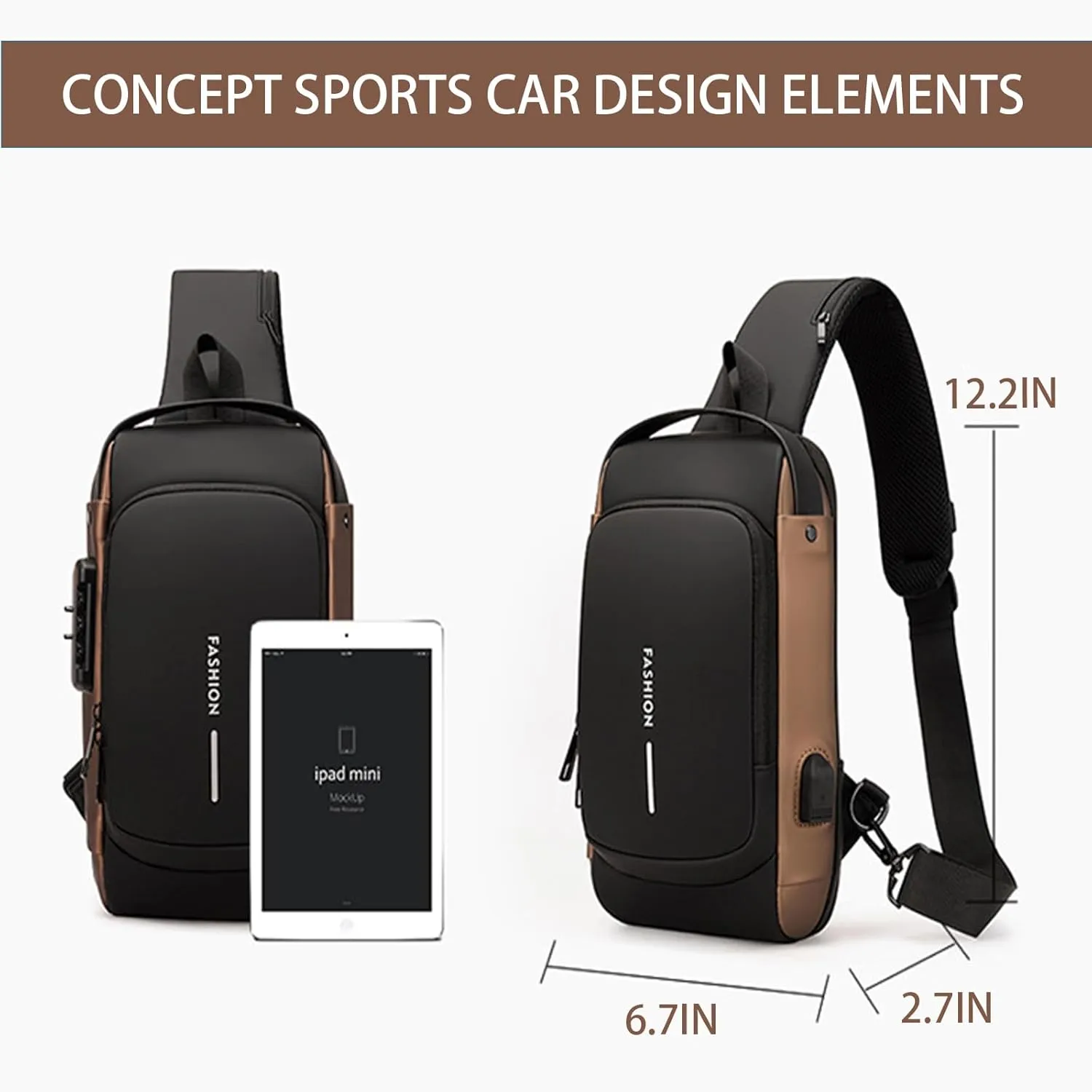 Men Crossbody Sling Bag Multipurpose Daypack with USB Lightweight Casual Shoulder Chest Bag Backpack For Hiking Travel Gray Gold