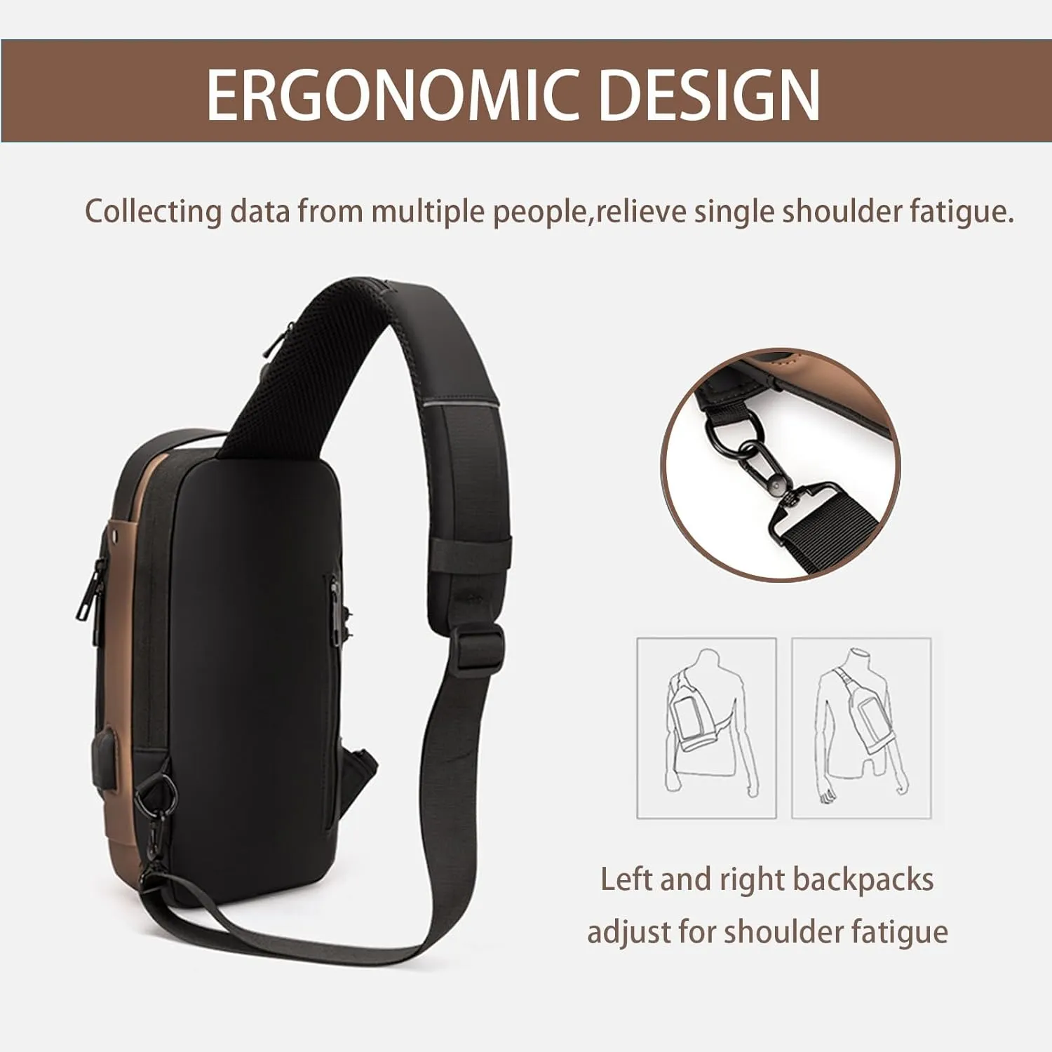 Men Crossbody Sling Bag Multipurpose Daypack with USB Lightweight Casual Shoulder Chest Bag Backpack For Hiking Travel Gray Gold