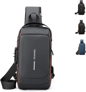 Men Crossbody Sling Bag Multipurpose Daypack with USB Lightweight Casual Shoulder Chest Bag Backpack For Hiking Travel Gray Gold