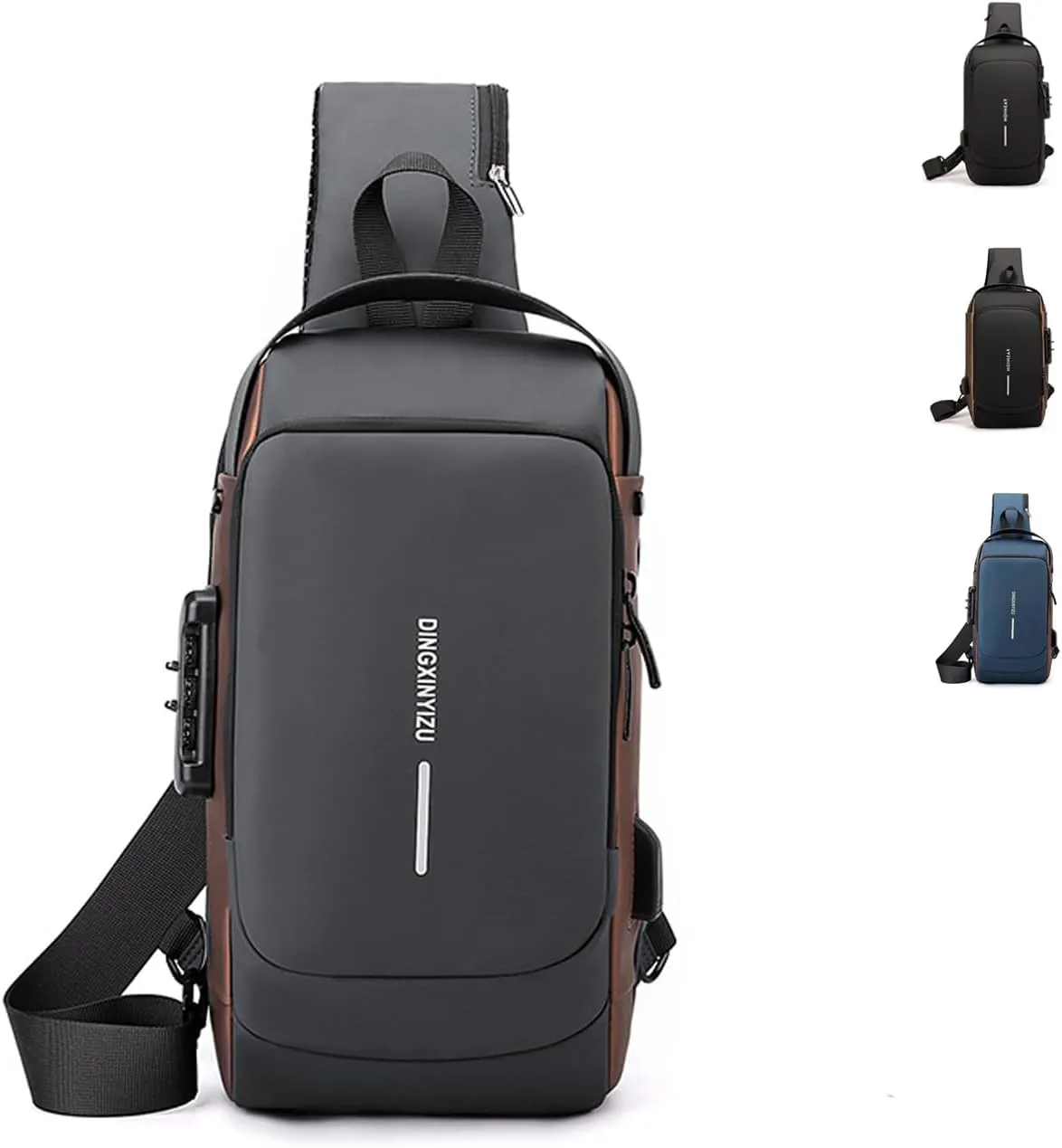 Men Crossbody Sling Bag Multipurpose Daypack with USB Lightweight Casual Shoulder Chest Bag Backpack For Hiking Travel Gray Gold