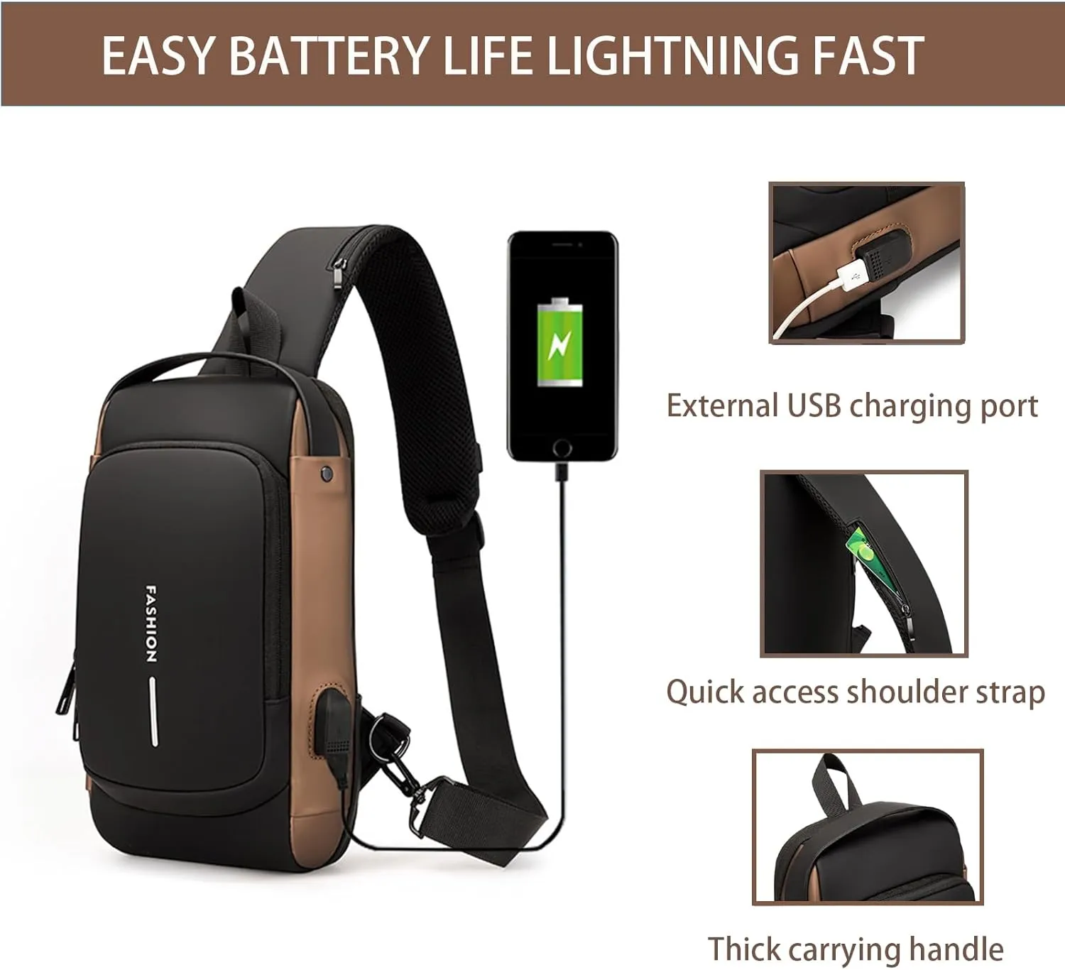 Men Crossbody Sling Bag Multipurpose Daypack with USB Lightweight Casual Shoulder Chest Bag Backpack For Hiking Travel Gray Gold