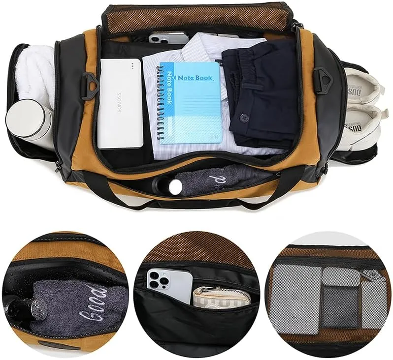 Men Gym Bag, Waterproof Sports Duffle Bag 45L with Shoe Compartment & Wet Pocket for Travel/Workout/Getaway/Dance (Khaki - 45L)