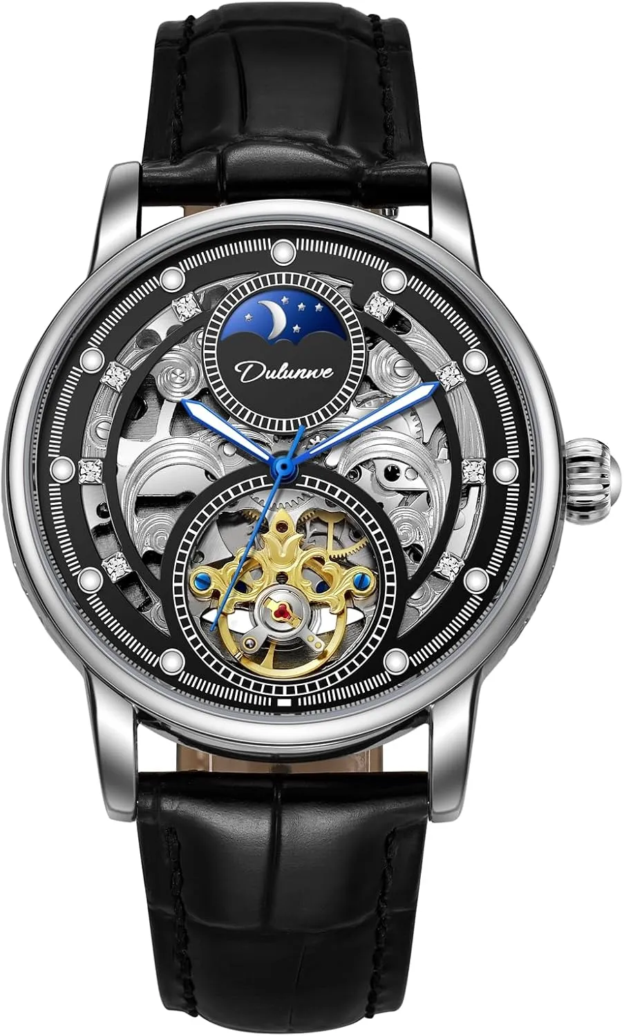 Men Tourbillon Hollow Automatic Mechanical Watch Moon Phase Fashion Waterproof Luminous Sports Watches Man Stainless Steel/Leather Business Wristwatch