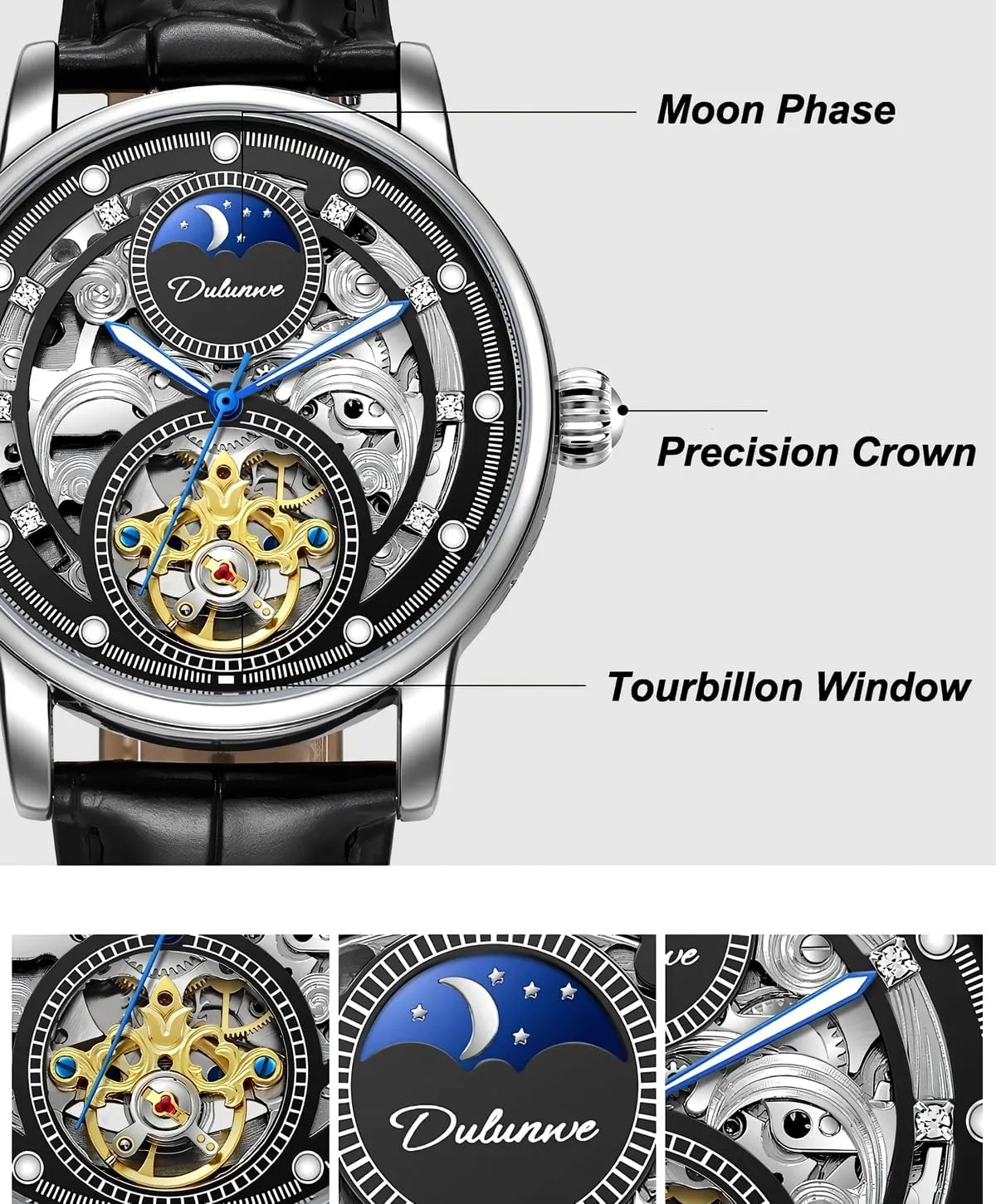 Men Tourbillon Hollow Automatic Mechanical Watch Moon Phase Fashion Waterproof Luminous Sports Watches Man Stainless Steel/Leather Business Wristwatch