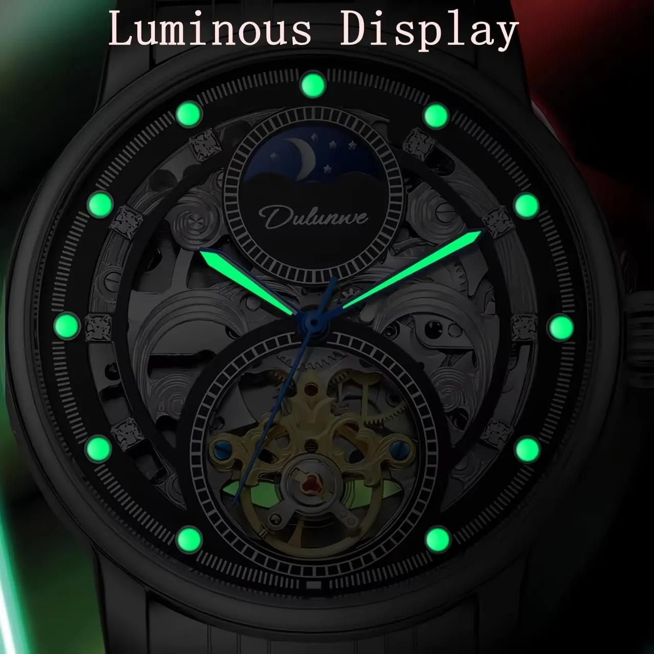 Men Tourbillon Hollow Automatic Mechanical Watch Moon Phase Fashion Waterproof Luminous Sports Watches Man Stainless Steel/Leather Business Wristwatch