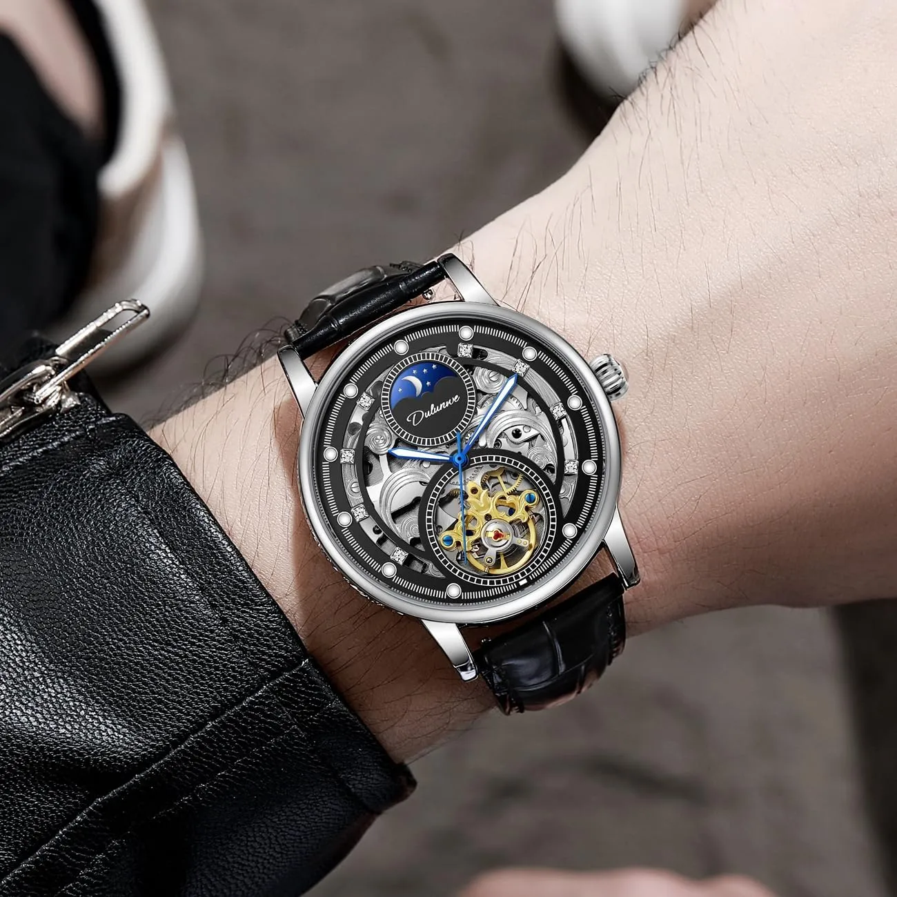 Men Tourbillon Hollow Automatic Mechanical Watch Moon Phase Fashion Waterproof Luminous Sports Watches Man Stainless Steel/Leather Business Wristwatch