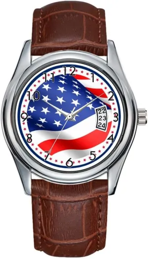 Men Watch Casual Waterproof Quartz Watches Clock Date Classic Business Brown Leather Christmas Wristwatch American Flag Wristwatch