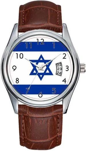 Men Watch Casual Waterproof Quartz Watches Clock Date Classic Business Brown Leather Christmas Wristwatch Country Flag Israel Jew David Star Watch
