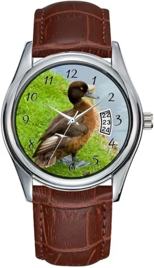 Men Watch Casual Waterproof Quartz Watches Clock Date Classic Business Brown Leather Christmas Wristwatch Female Reddish Brown Tufted Diving Duck in Grass Watches
