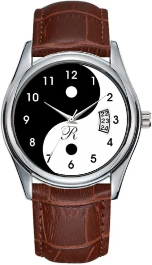Men Watch Casual Waterproof Quartz Watches Clock Date Classic Business Brown Leather Christmas Wristwatch Harmony Yin Yang Black White Face Watch