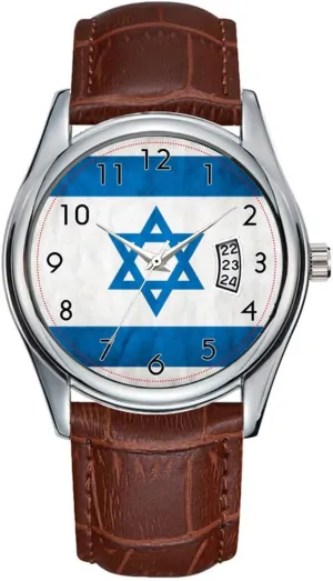 Men Watch Casual Waterproof Quartz Watches Clock Date Classic Business Brown Leather Christmas Wristwatch Israel Flag Watch