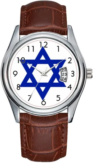 Men Watch Casual Waterproof Quartz Watches Clock Date Classic Business Brown Leather Christmas Wristwatch Israel Flag Wrist Watch