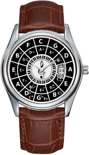 Men Watch Casual Waterproof Quartz Watches Clock Date Classic Business Brown Leather Christmas Wristwatch Piano Keys Circle of Fifths Trebele Clef Watches
