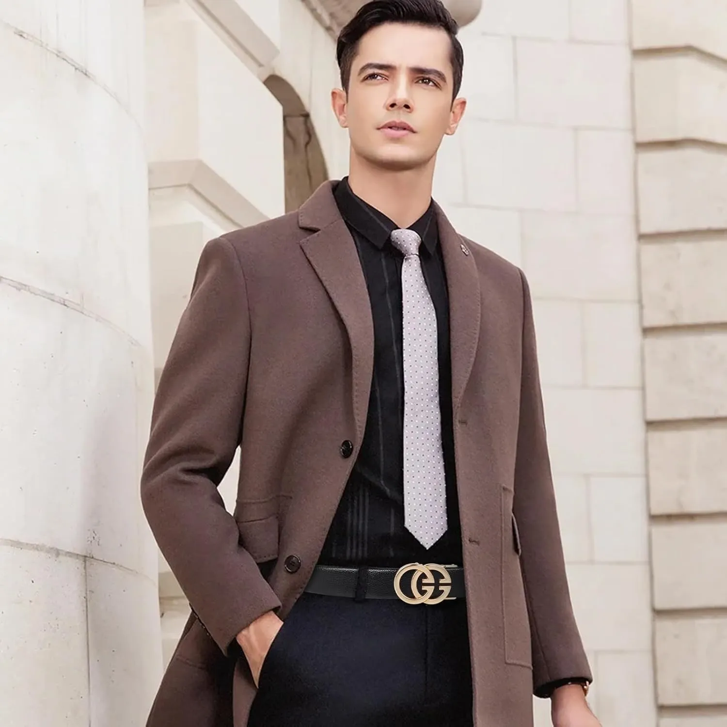 Men&Womens Leather Dress Belt Business Automatic Buckle Belt Color:Black Silver Gold