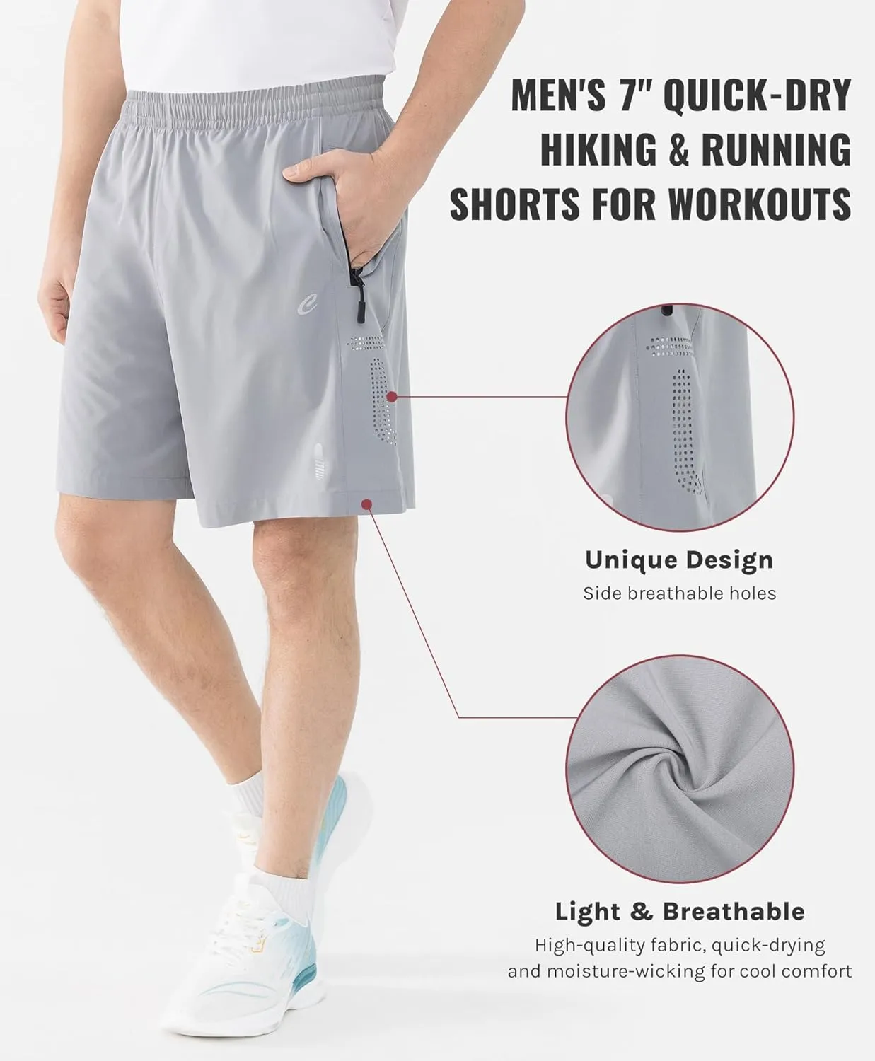 Men's 7" Quick-Dry Hiking Shorts UPF50  Reflective, Lightweight 3 Zipper Pockets Stretch for Running Gym Outdoor