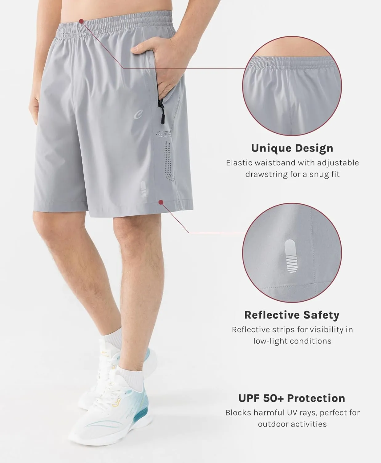 Men's 7" Quick-Dry Hiking Shorts UPF50  Reflective, Lightweight 3 Zipper Pockets Stretch for Running Gym Outdoor
