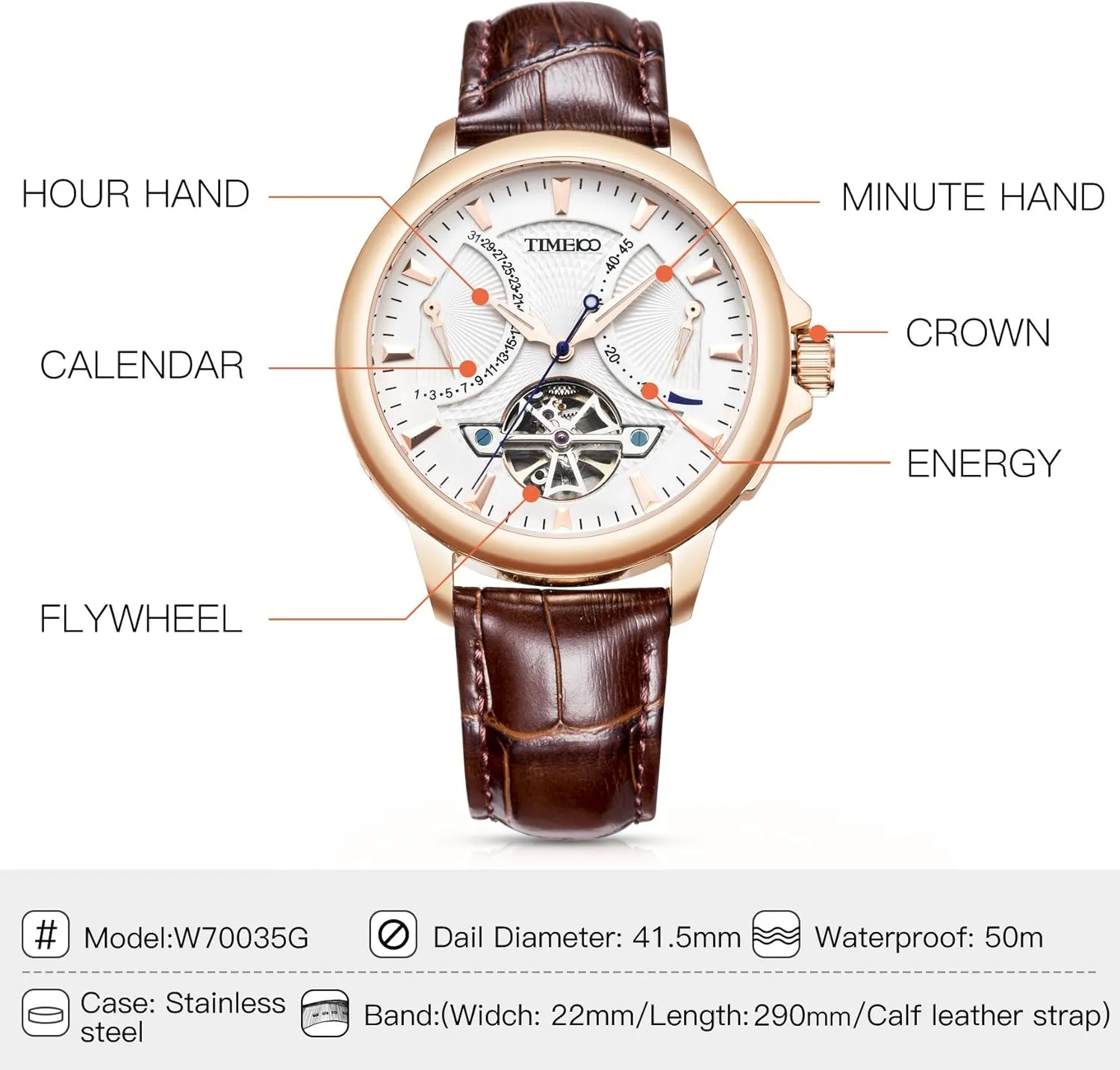 Men's Automatic Watch Navigator-Series Tourbillon-Style Dual Time Zone Business Calendar Mechanical Watch Leather Strap