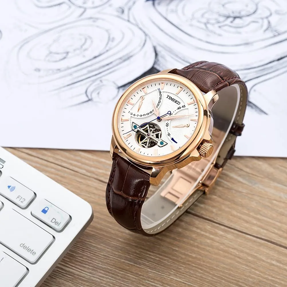Men's Automatic Watch Navigator-Series Tourbillon-Style Dual Time Zone Business Calendar Mechanical Watch Leather Strap