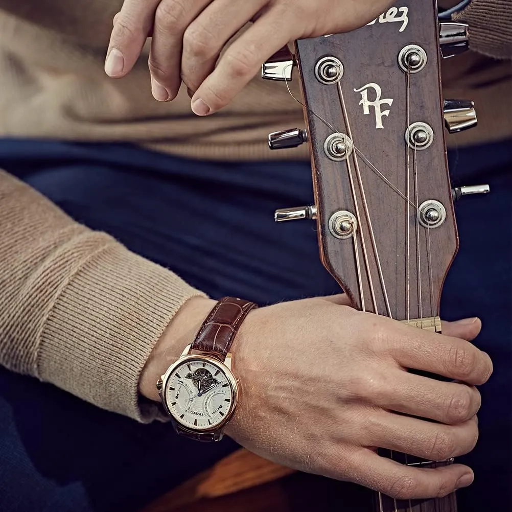 Men's Automatic Watch Navigator-Series Tourbillon-Style Dual Time Zone Business Calendar Mechanical Watch Leather Strap