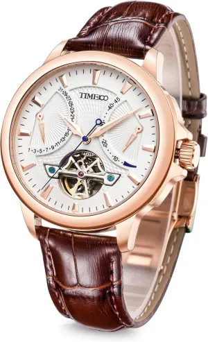 Men's Automatic Watch Navigator-Series Tourbillon-Style Dual Time Zone Business Calendar Mechanical Watch Leather Strap