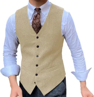 Men's Brown Herringbone Tweed Suit Vest Single Breasted Slim Fit Business Casual Wedding Waistcoat
