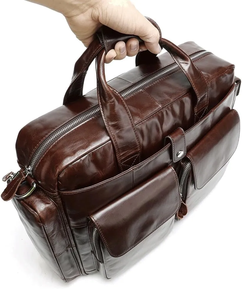 Men's Business Handbag Large Capacity Business Briefcase Wear-resistant Oil Wax Leather Satchel