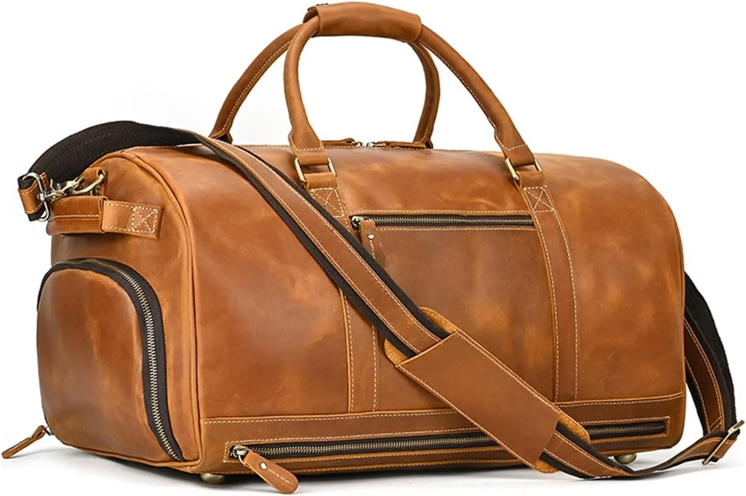 Men's Business Travel Handbag Single Shoulder Oblique Straddle Bag with Shoe Position Cowhide Duffel Bag