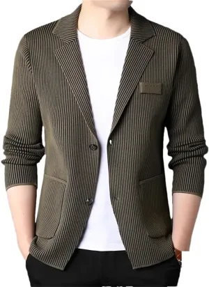 Mens Clothes Fashion Trendy Slim Fit Blazer Jackets Elegant Knitted Suit Men Striped Casual Coat