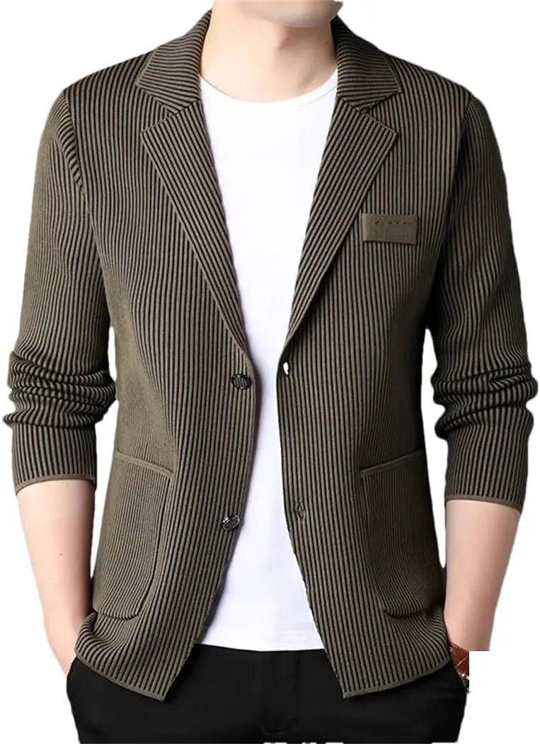 Mens Clothes Fashion Trendy Slim Fit Blazer Jackets Elegant Knitted Suit Men Striped Casual Coat