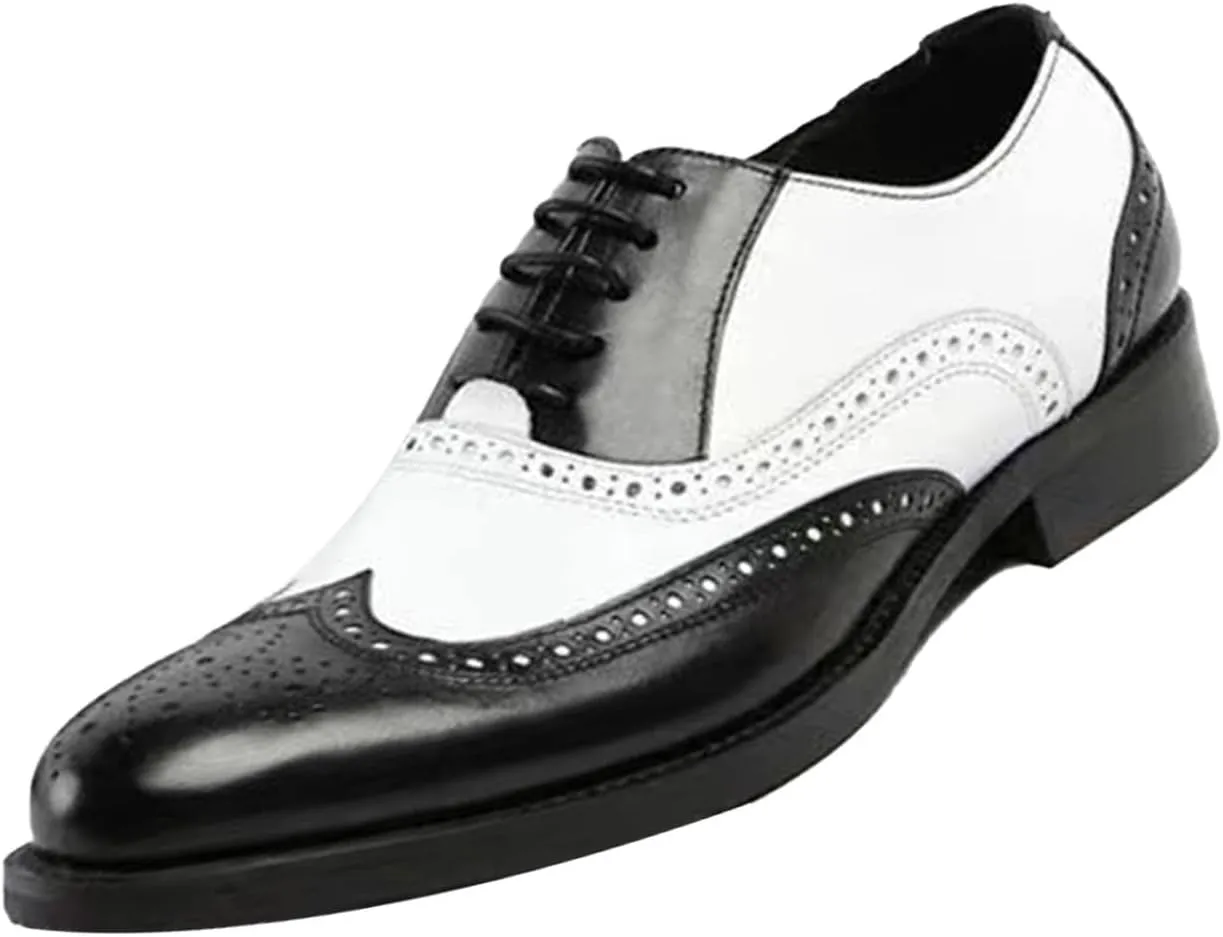 Men's Colorblock Derby Dress Leather Shoes,Fashion Carving Floral Wingtip Block Lace-up Formal Business Casual Shoes
