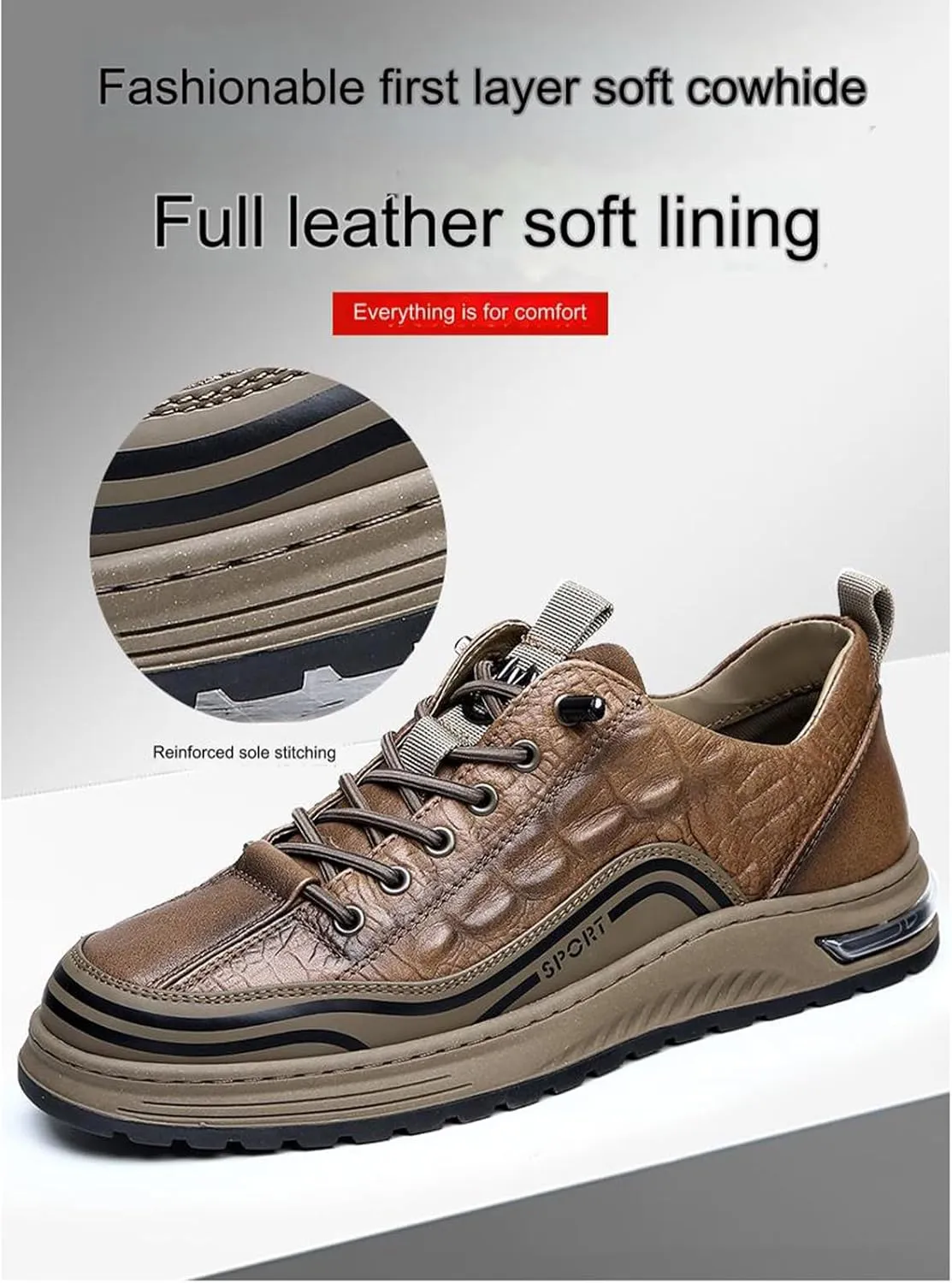 Men's Fashion Crocodile Pattern Cowhide Round Head Lace-up Oxfords Slip-on Business Height Lifting Non-Slip Softsole Sneakers Causal Business Work Driving Walking Shoes