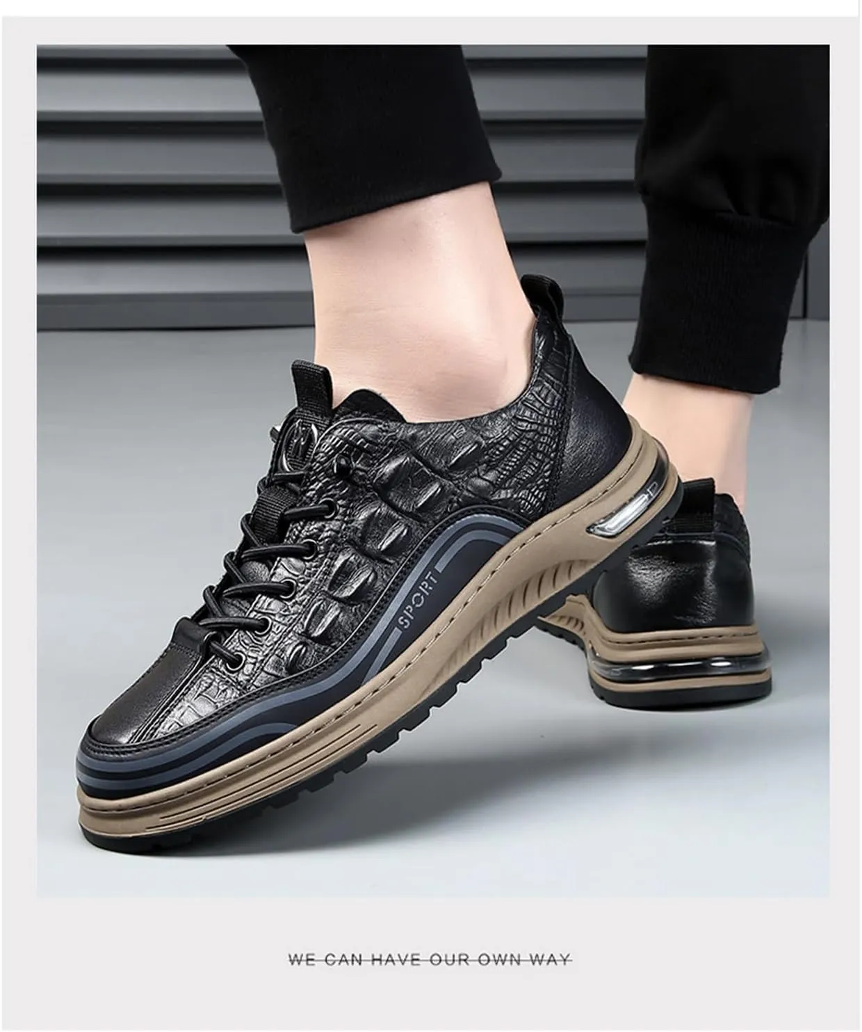 Men's Fashion Crocodile Pattern Cowhide Round Head Lace-up Oxfords Slip-on Business Height Lifting Non-Slip Softsole Sneakers Causal Business Work Driving Walking Shoes