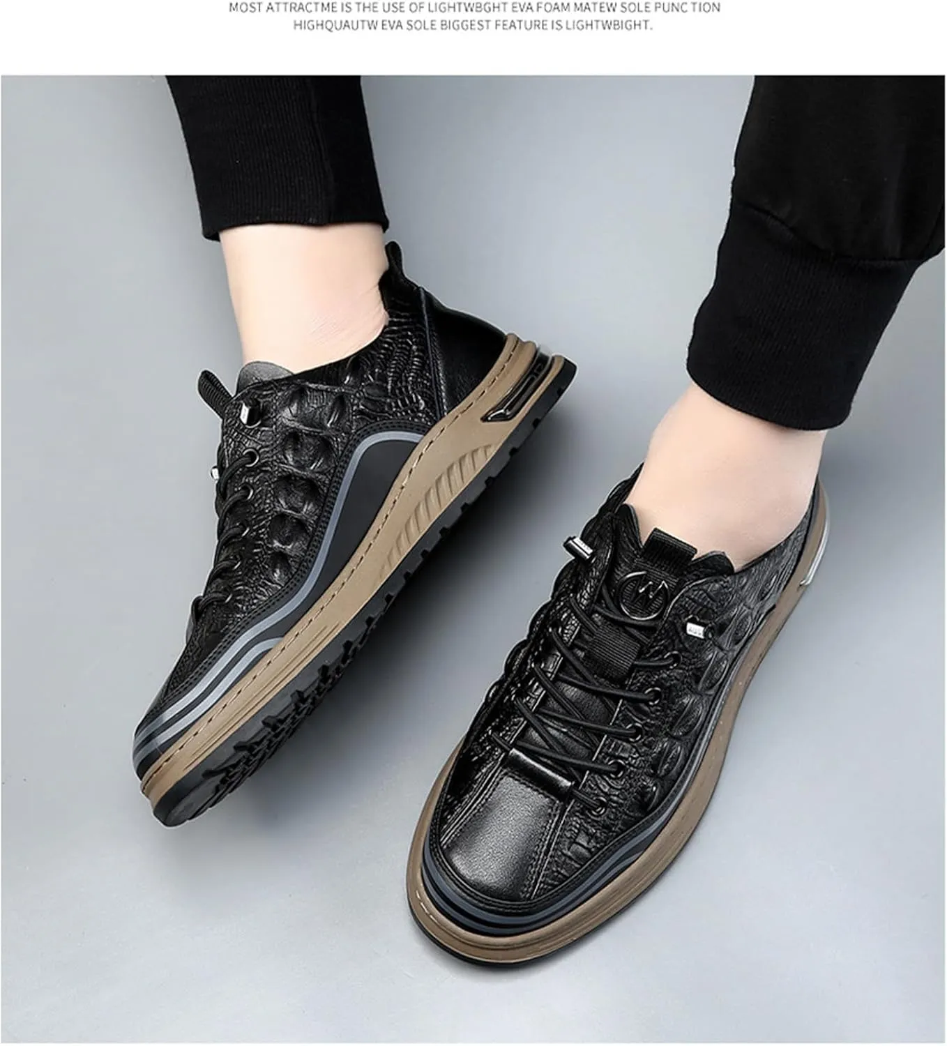 Men's Fashion Crocodile Pattern Cowhide Round Head Lace-up Oxfords Slip-on Business Height Lifting Non-Slip Softsole Sneakers Causal Business Work Driving Walking Shoes