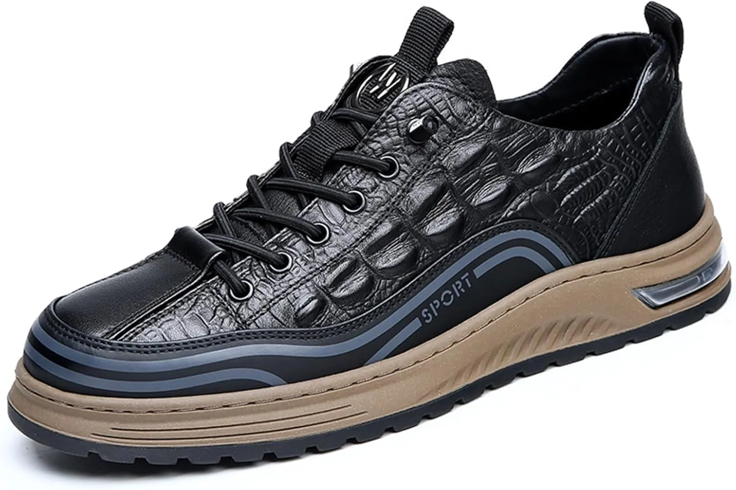 Men's Fashion Crocodile Pattern Cowhide Round Head Lace-up Oxfords Slip-on Business Height Lifting Non-Slip Softsole Sneakers Causal Business Work Driving Walking Shoes