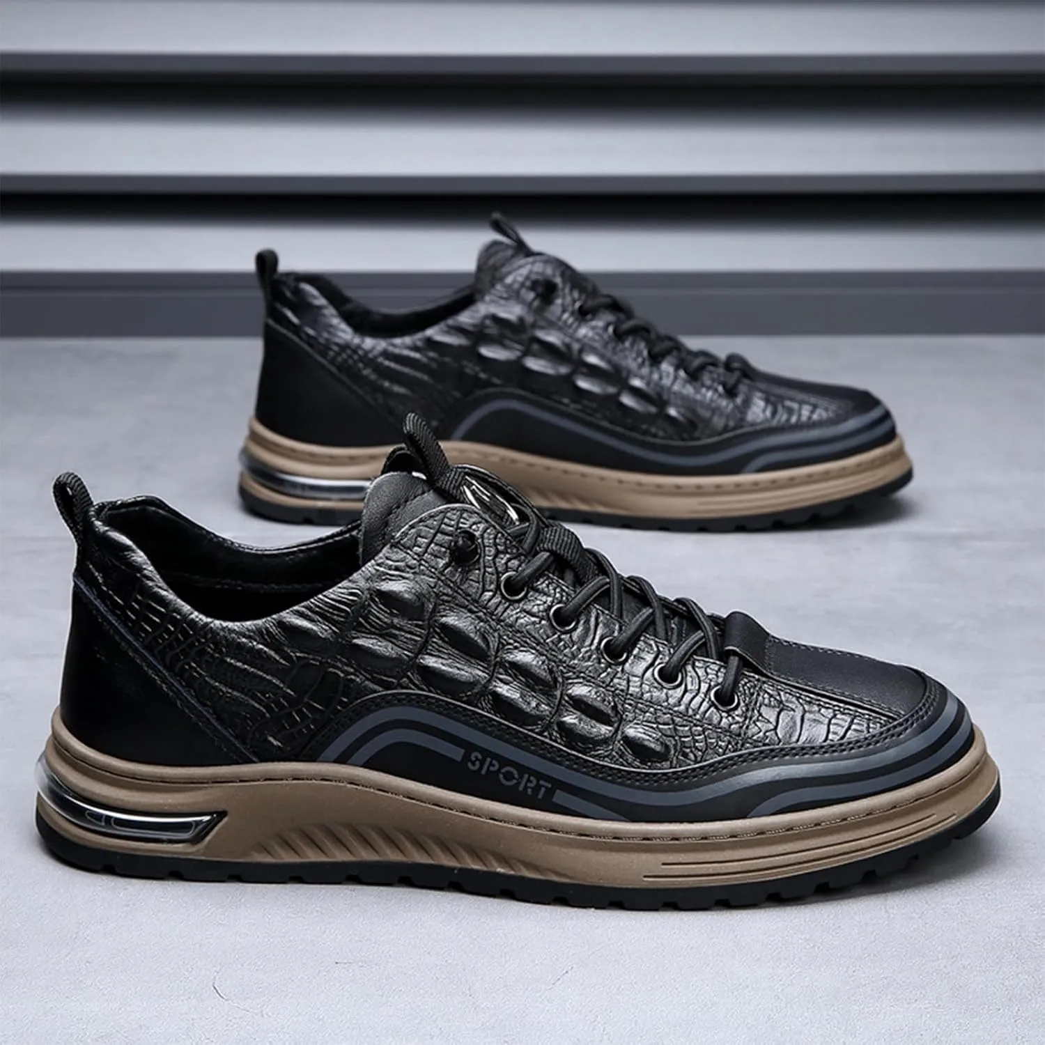 Men's Fashion Crocodile Pattern Cowhide Round Head Lace-up Oxfords Slip-on Business Height Lifting Non-Slip Softsole Sneakers Causal Business Work Driving Walking Shoes