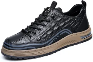 Men's Fashion Crocodile Pattern Cowhide Round Head Lace-up Oxfords Slip-on Business Height Lifting Non-Slip Softsole Sneakers Causal Business Work Driving Walking Shoes