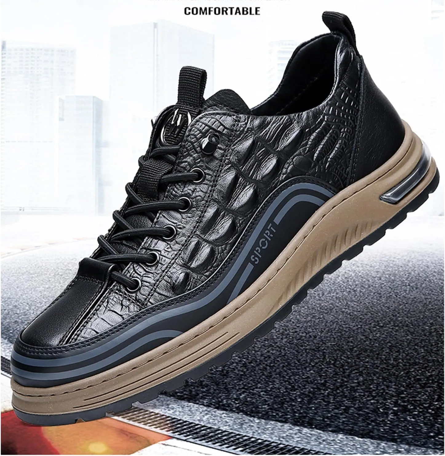 Men's Fashion Crocodile Pattern Cowhide Round Head Lace-up Oxfords Slip-on Business Height Lifting Non-Slip Softsole Sneakers Causal Business Work Driving Walking Shoes