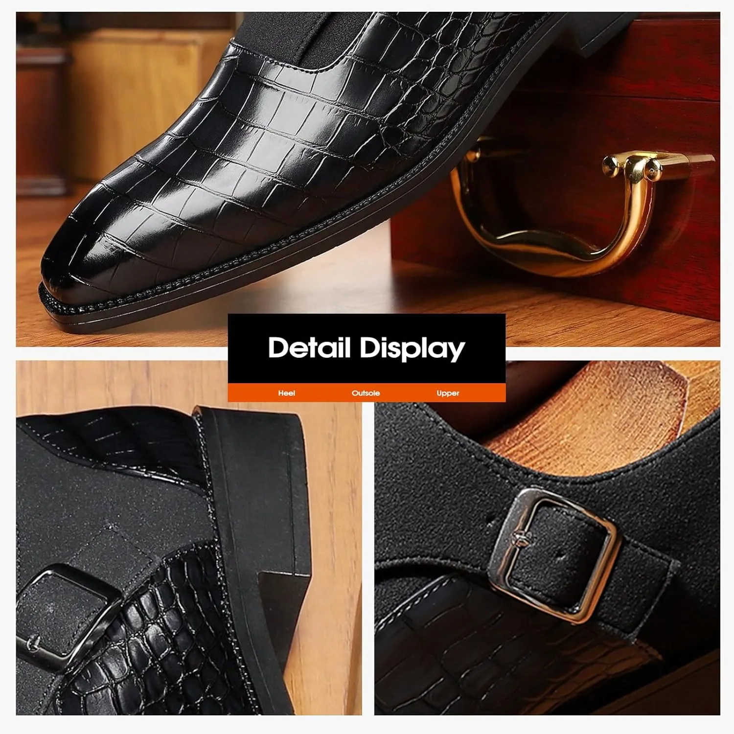 Men's Formal Monk Strap Dress Shoes, PU Leather, Black, Double Stitching