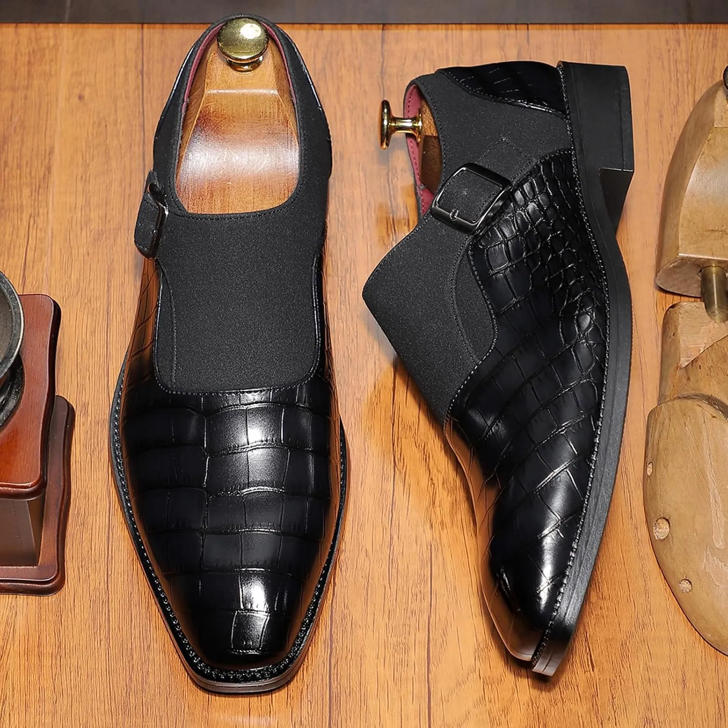 Men's Formal Monk Strap Dress Shoes, PU Leather, Black, Double Stitching