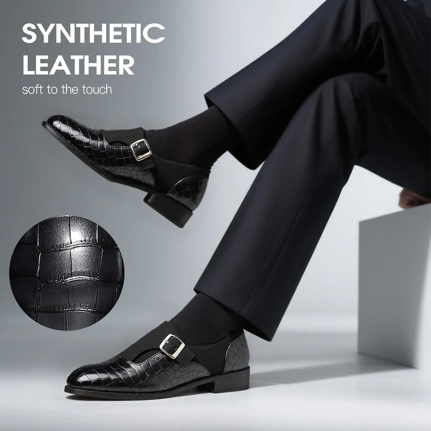Men's Formal Monk Strap Dress Shoes, PU Leather, Black, Double Stitching
