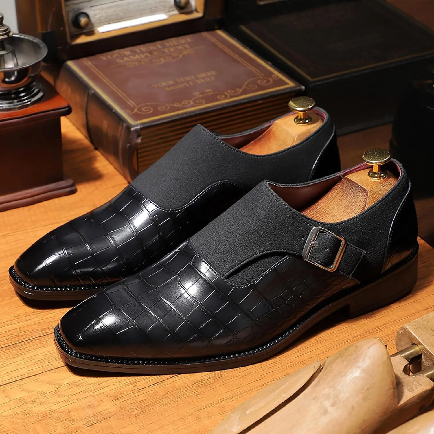 Men's Formal Monk Strap Dress Shoes, PU Leather, Black, Double Stitching