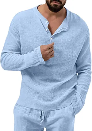 Men's Henley Shirt Tops Crew Neck Button Pleated Long Sleeve Casual Tshirt Breathable Loose Fall Fashion 2024 Outfits