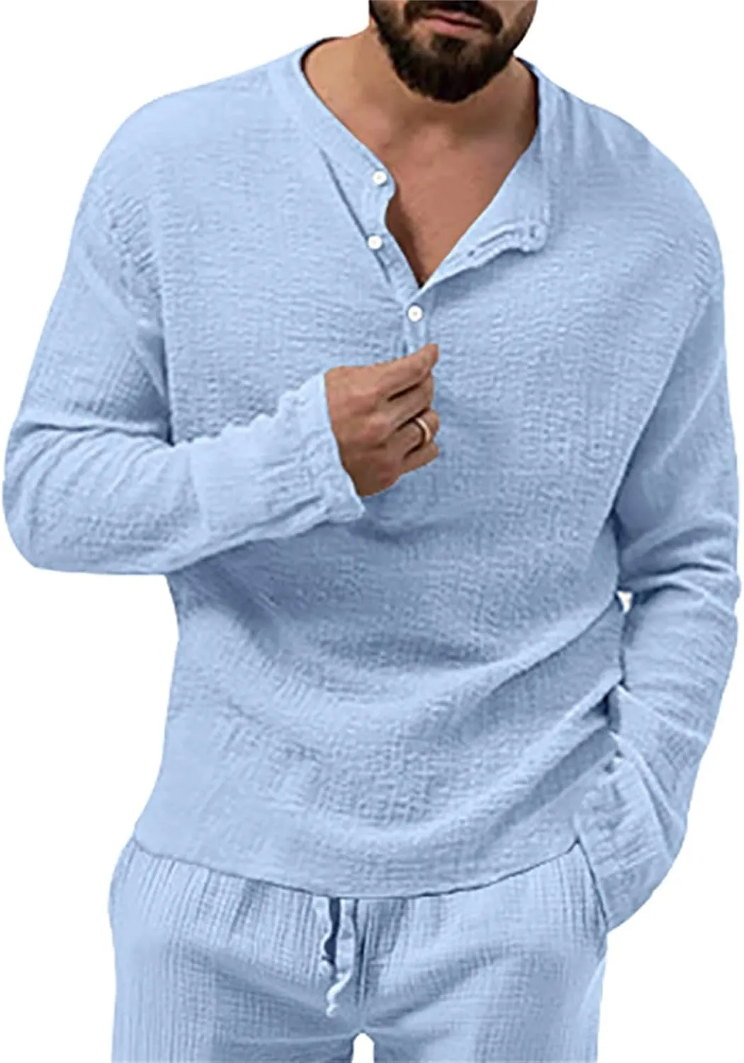 Men's Henley Shirt Tops Crew Neck Button Pleated Long Sleeve Casual Tshirt Breathable Loose Fall Fashion 2024 Outfits