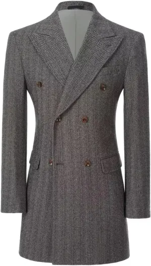 Men's Herringbone Wool Blend Trench Coat Peaked Collar Long Jacket Overcoat Double Breasted Pea Coat wih Pockets